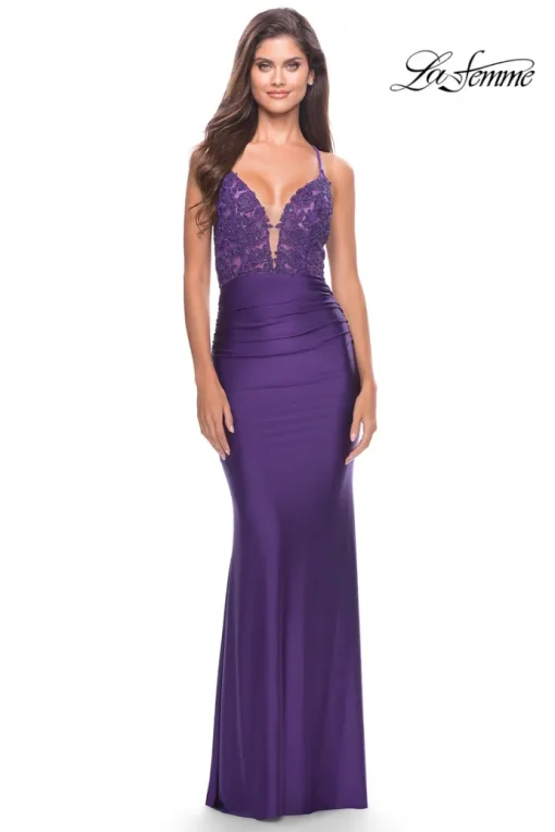 La Femme Long Prom Dress with Sheer Corset Bodice