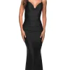 La Femme Long Red Prom Dress with Deep V-Back