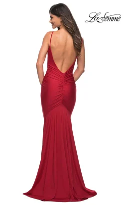 La Femme Long Red Prom Dress with Deep V-Back