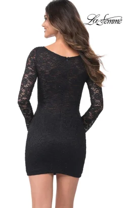 La Femme Long Sleeve Short Black Lace Party Dress