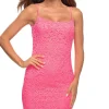 La Femme Neon Pink Short Lace Homecoming Dress