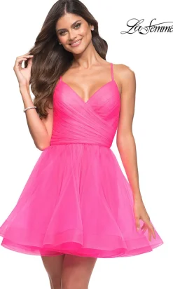 La Femme Neon Pink Short A-Line Homecoming Dress