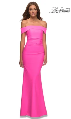 La Femme Off-the-Shoulder Bright Long Prom Dress