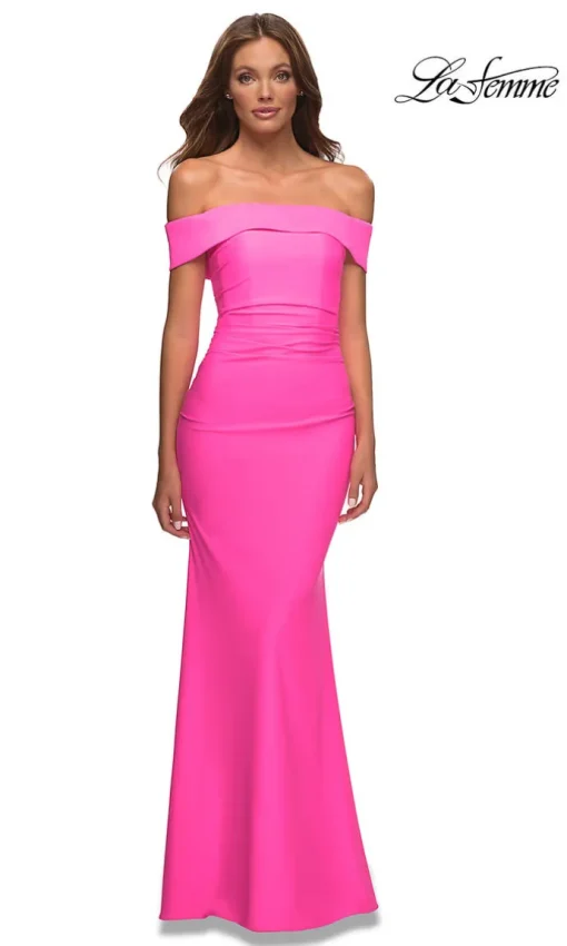 La Femme Off-the-Shoulder Bright Long Prom Dress