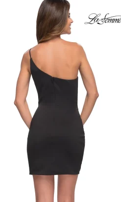 La Femme One-Shoulder Simple Black Party Dress