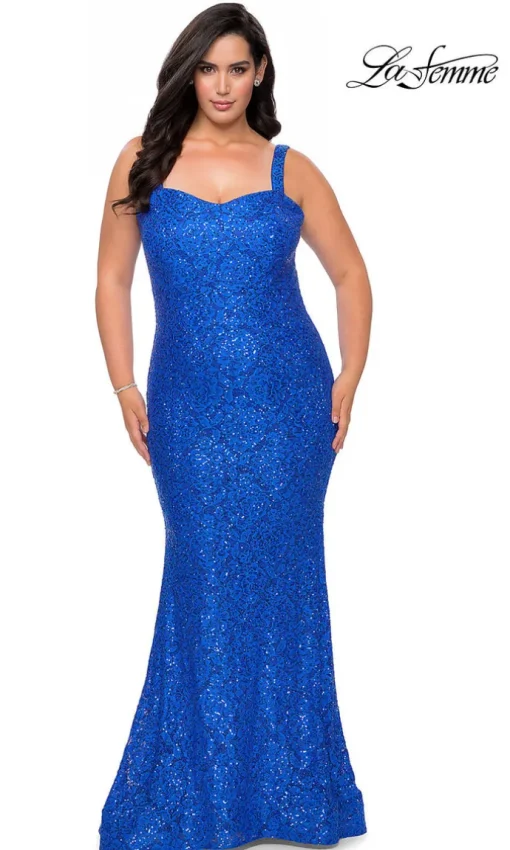 La Femme Plus-Size Long Lace Designer Prom Dress