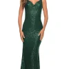 La Femme Sequin Long Prom Dress with Cowl Neckline