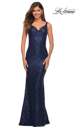 La Femme Sequin Long Prom Dress with Cowl Neckline