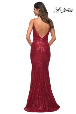 La Femme Sequin Long Prom Dress with Cowl Neckline