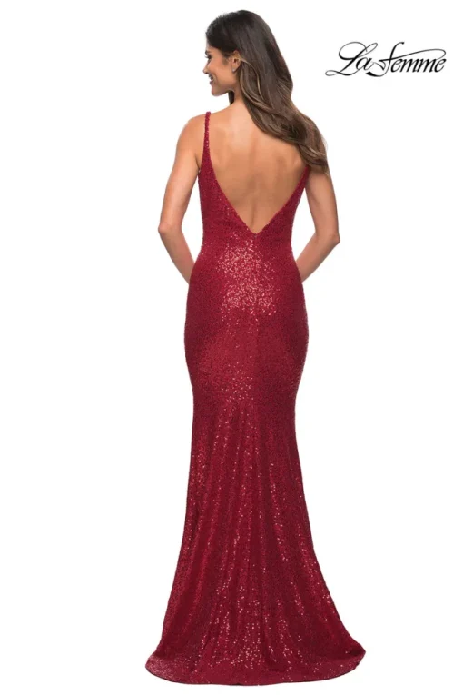 La Femme Sequin Long Prom Dress with Cowl Neckline