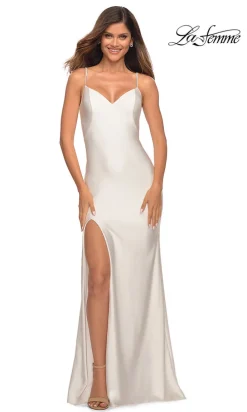 La Femme Simple Long Prom Dress with Beaded Straps