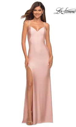 La Femme Simple Long Prom Dress with Beaded Straps