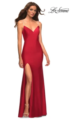 La Femme Simple Long Prom Dress with Beaded Straps