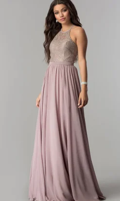 Lace-Bodice A-Line Long Chiffon Prom Dress