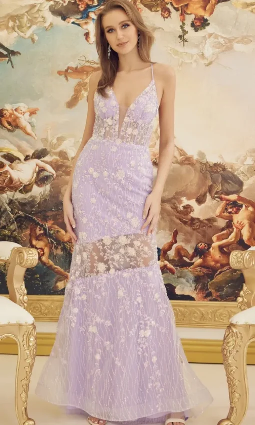 Lilac Floral Sheer-Bodice Long Formal Dress C1195