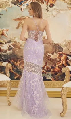 Lilac Floral Sheer-Bodice Long Formal Dress C1195