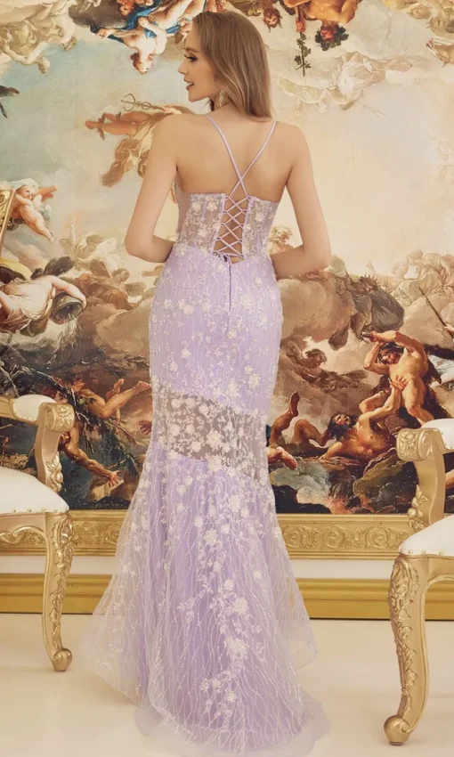 Lilac Floral Sheer-Bodice Long Formal Dress C1195