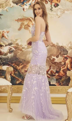 Lilac Floral Sheer-Bodice Long Formal Dress C1195