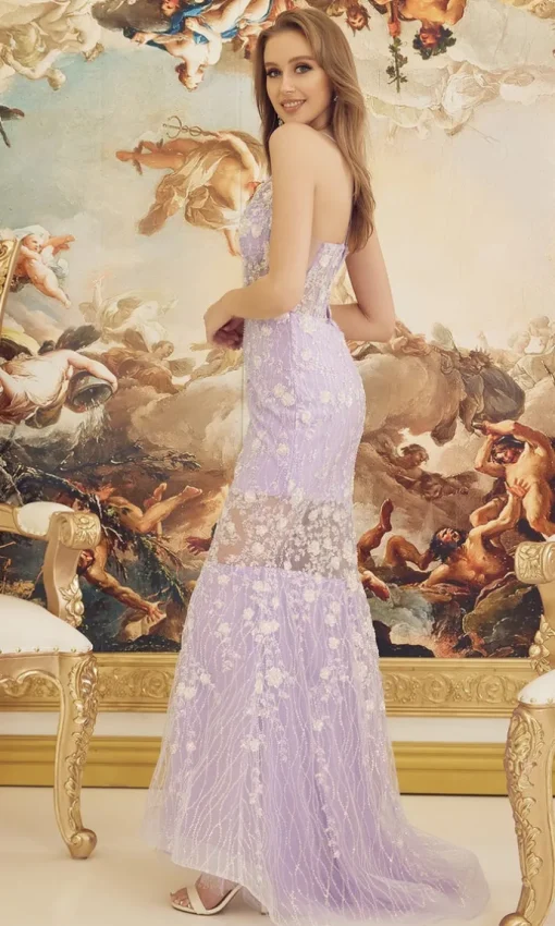 Lilac Floral Sheer-Bodice Long Formal Dress C1195