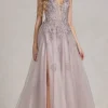 Long A-Line Lace Prom Dress with Wrap-Style Skirt