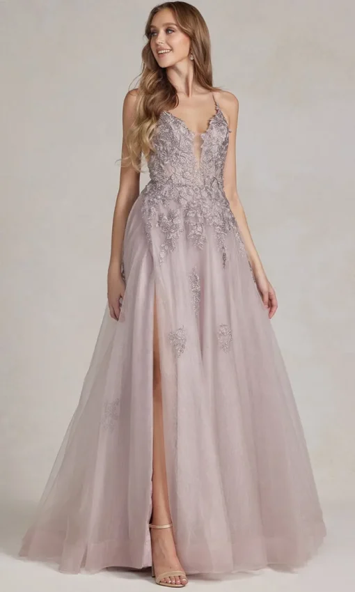 Long A-Line Lace Prom Dress with Wrap-Style Skirt