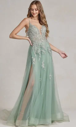 Long A-Line Lace Prom Dress with Wrap-Style Skirt
