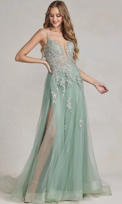 Long A-Line Lace Prom Dress with Wrap-Style Skirt