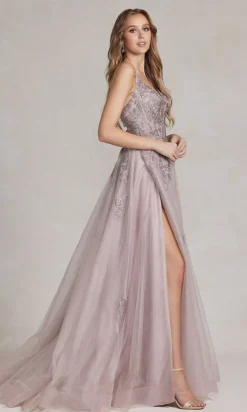 Long A-Line Lace Prom Dress with Wrap-Style Skirt