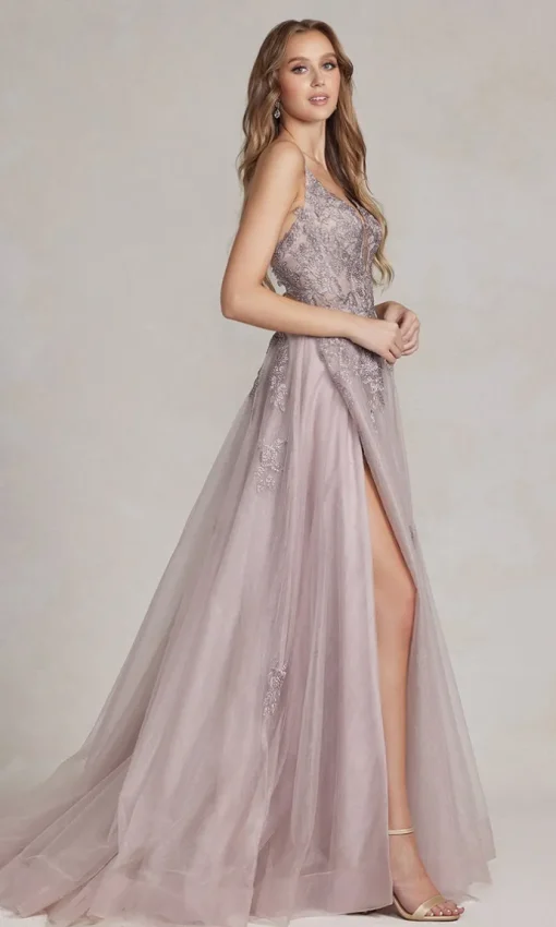 Long A-Line Lace Prom Dress with Wrap-Style Skirt