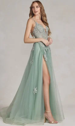 Long A-Line Lace Prom Dress with Wrap-Style Skirt