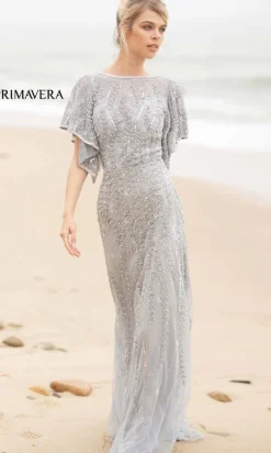 Long Beaded Evening Gown with Short Sleeves 3681