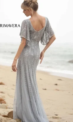 Long Beaded Evening Gown with Short Sleeves 3681