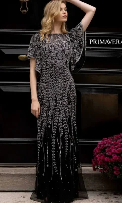 Long Beaded Evening Gown with Short Sleeves 3681