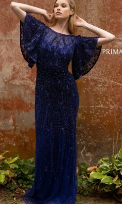 Long Beaded Evening Gown with Short Sleeves 3681