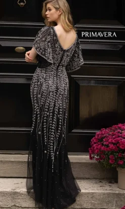 Long Beaded Evening Gown with Short Sleeves 3681