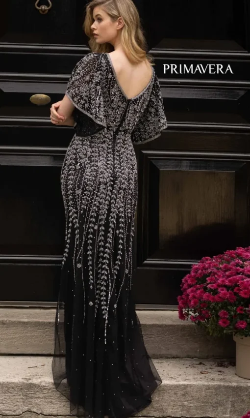 Long Beaded Evening Gown with Short Sleeves 3681