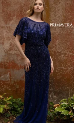 Long Beaded Evening Gown with Short Sleeves 3681