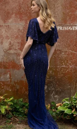 Long Beaded Evening Gown with Short Sleeves 3681