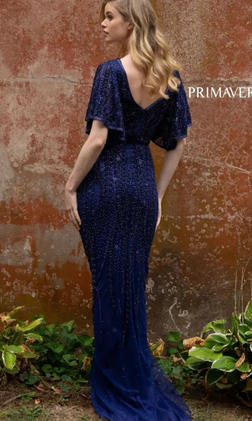 Long Beaded Evening Gown with Short Sleeves 3681