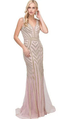 Long Formal Dress with Beaded Stripes