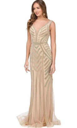 Long Formal Dress with Beaded Stripes