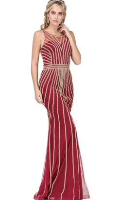 Long Formal Evening Dress with Gold Beaded Stipes