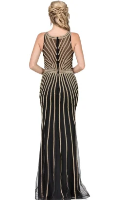 Long Formal Evening Dress with Gold Beaded Stipes