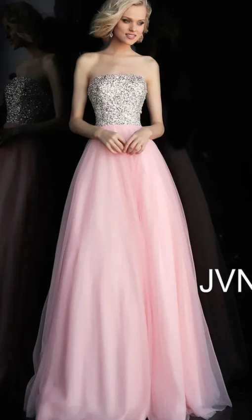 Long JVN by Jovani Strapless Blush Pink Prom Dress