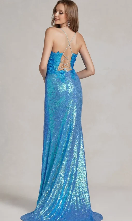 Long Sequin Prom Dress with 3D Floral Embroidery
