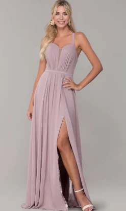 Long Sleeveless Pleated-Bodice Chiffon Prom Dress