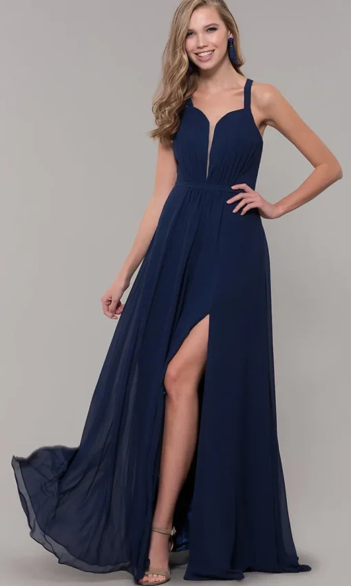 Long Sleeveless Pleated-Bodice Chiffon Prom Dress