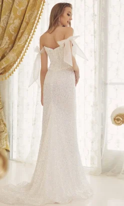 Long White Sequin Formal Dress with Bows