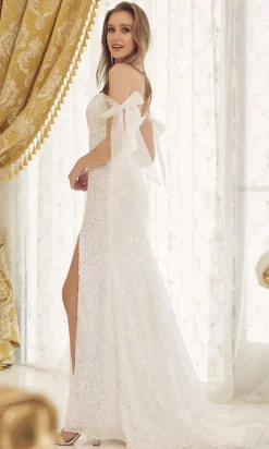 Long White Sequin Formal Dress with Bows