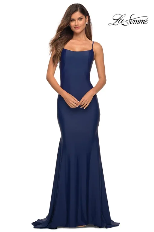Low V-Back La Femme Long Prom Dress with Train